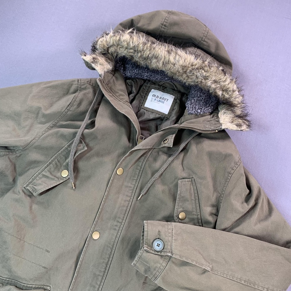 Old Navy Coat Womens XL Olive Green Faux Fur Hooded Parka Insulated Warm Winter